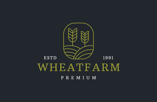 Wheat Farm Land Agriculture Linear Line Outline Vintage Hipster Retro Logo Design .