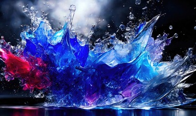 Blue Water splashes on black - abstract freeze frame, Generative AI.
