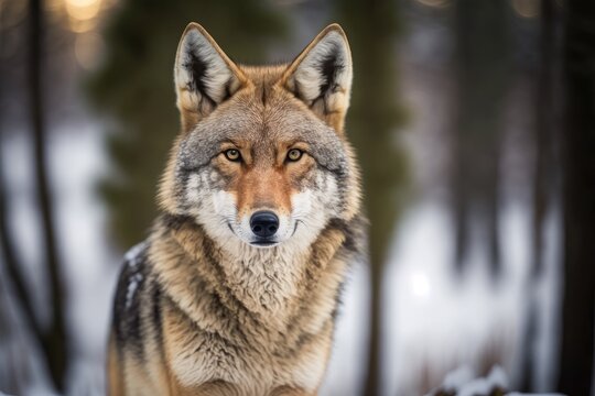 In winter, a close up horizontal portrait of a Eurasian wolf (Canis lupus) looking straight at the camera while a forest in the background is blurred. East Europe. Generative AI