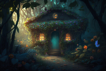 flower house in the jungle, generative ai