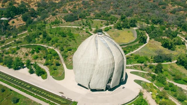 Fly over establishing the Bahai Temple of South America, on a lonely day, Santiago, Chile.