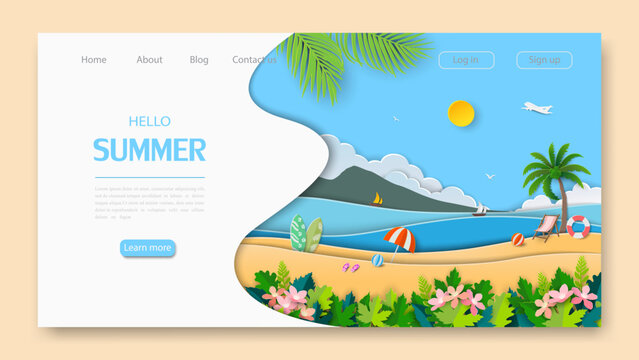 Summer landing page on paper cut and craft style