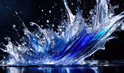 Blue Water splashes on black - abstract freeze frame, Generative AI.
