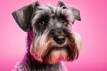 A beautiful dog breed photographed as a portrait on a pink background. studios shot. Focus on a funny pet. Pet Lover concept . Pets indoors. Pet care and the idea of animals. front view. Generative AI