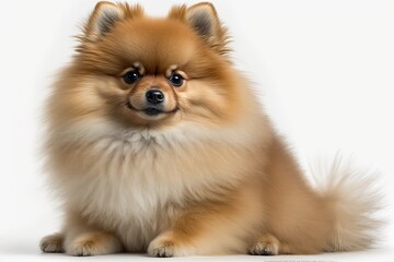 A Pomeranian Spitz puppy sits in front of a white background. Generative AI
