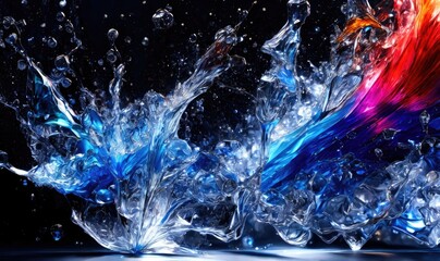 Blue Water splashes on black - abstract freeze frame, Generative AI.
