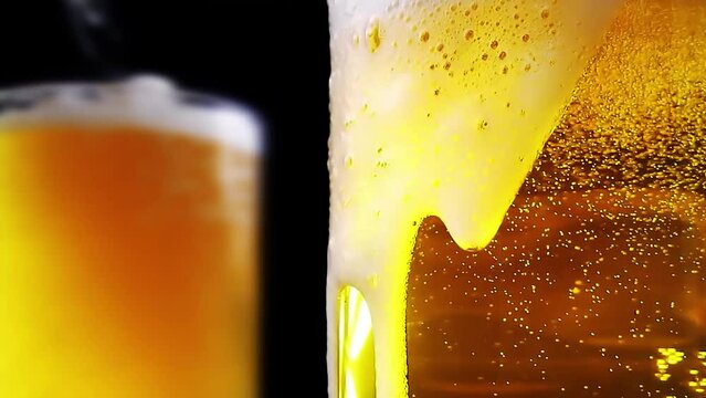 Beer is pouring into a two beer mugs with bubbles close-up on a black background. Overflowing 2 beer glasses with flowing foam. 4k slow motion video with focus bokeh change and speed ramp effect.