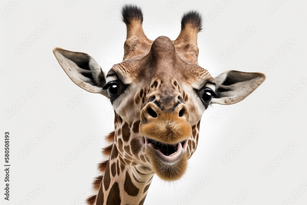 Poster Funny head of a giraffe with a long tongue, set against a white background. Generative AI