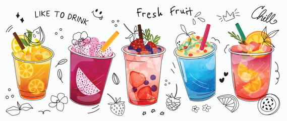 Fresh smoothies and sparkling drinks design with cute doodle decoration. Fruit refreshment and soft drinks in glasses. Vector illustration blended smoothie for logo, ads, promotion, marketing, banner.
