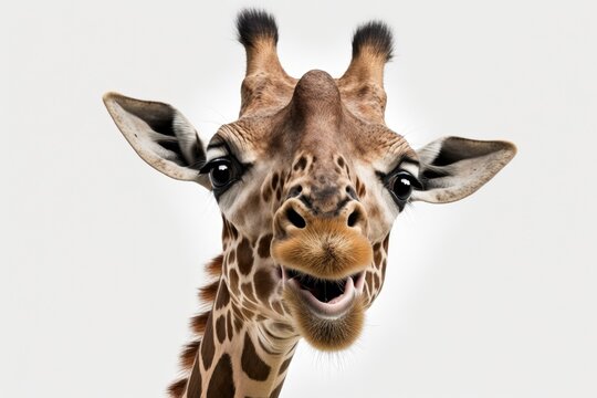 Funny head of a giraffe with a long tongue, set against a white background. Generative AI