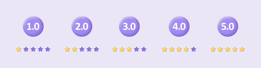 3d customer review. Feedback from clients concept. Set of low and high stars rating on purple background. Realistic vector illustration for website or mobile applications.