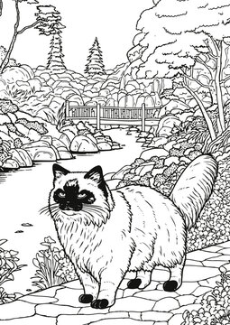 Coloring book for kids.Worksheets for teachers to teach.Cat walking in garden.
