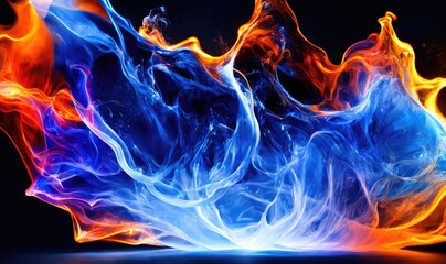 Water splashes with blue and orange colors, abstract like fire and smoke. Generative AI