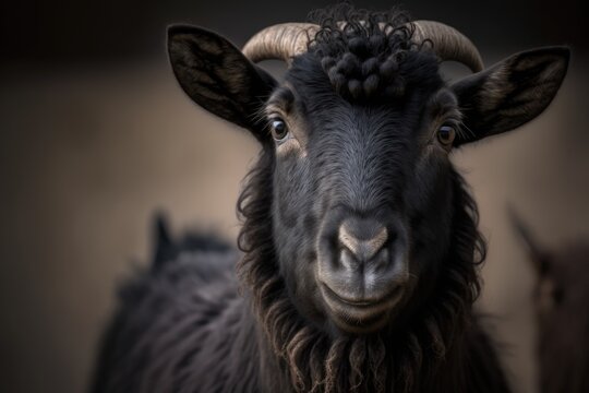 Funny goat. Close up portrait of the head of a black goat that looks silly, with a shallow depth of field. Generative AI