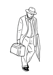 an old man walking with an umbrella on the street
human hand drawn art illustration