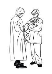 Men and women stand and talk.
hand drawn art illustration