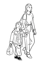 Mother and child are dressed outside. happy people living in the city hand drawn line drawing