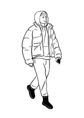 Obraz premium man wearing winter clothes walking leisurely on the road man hand drawn art illustration