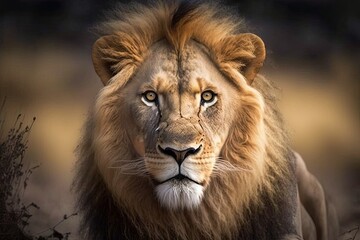 Naklejka na ściany i meble Lion face. A wild lion in Africa looks forward. Generative AI