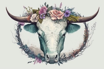 A picture of a bull's head with flowers on it. Drawing of a cow's head with flowers on it. Tattoo. Farm Animals. Animal skulls with a wreath of flowers. Generative AI