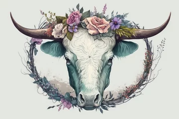 Gartenposter Boho A picture of a bull's head with flowers on it. Drawing of a cow's head with flowers on it. Tattoo. Farm Animals. Animal skulls with a wreath of flowers. Generative AI