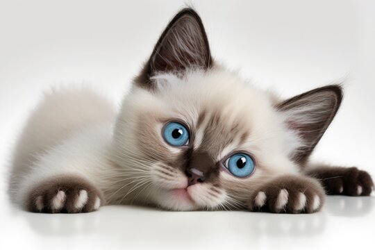 Cute little Snowshoe cat kitten lying on its side. One paw hung loosely over the edge. Trying to look at the camera with his usual blue eyes. On a white background by itself. Generative AI