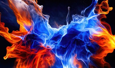 Water splashes with blue and orange colors, abstract like fire and smoke. Generative AI