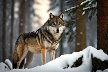 Canis lupus lupus, Eurasian wolf, huge gray wolf in winter, wild animal, close encounter, eye contact, Canis lupus lupus. Wolf in the forest, cold weather, and snow. The Poloniny Mountains are where P