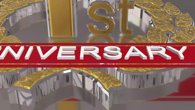 1st Anniversary celebration background. 3D Golden numbers with bent ribbon