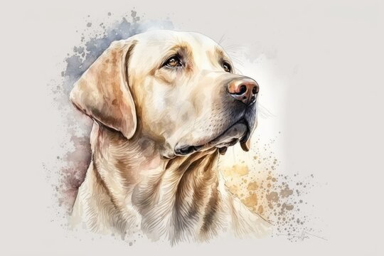 Labrador Retriever portrait, muzzle. Watercolor. Dog on white background by itself. Large sized longhair gun dog. Hand drawn sweet home pet. Design for a greeting card. Graphics. Generative AI