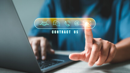 Finger touching virtual screen icons of telephone, mail, chat message and address. Website page customer support hotline contact us people connection e-mail marketing concept.