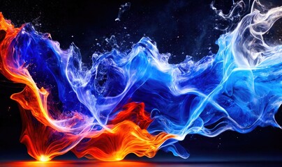 Obraz premium Water splashes with blue and orange colors, abstract like fire and smoke. Generative AI