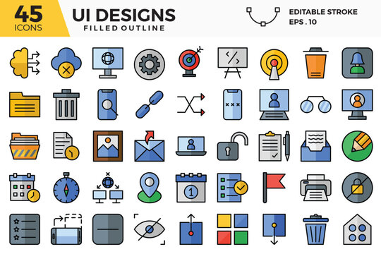 UI design (filled outline) icons set.
The collections includes for web design, app design, UI design,business and finance ,network and communications and other.
