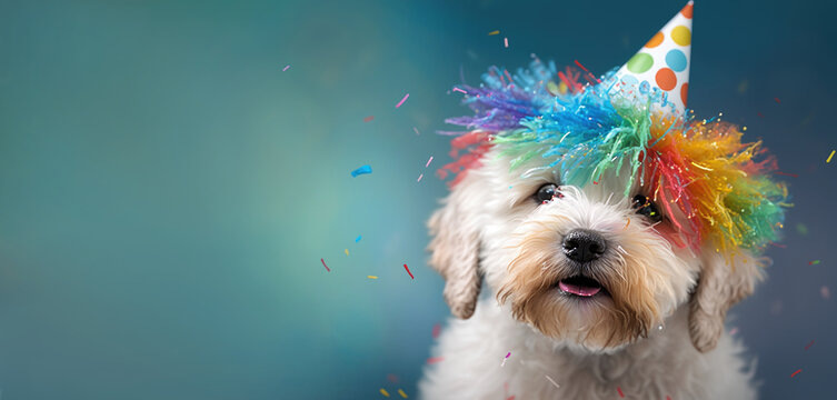 Cute little puppy in a party hat, portrait. Template for postcard, layout with copy space, print ready image. Concept of the holiday