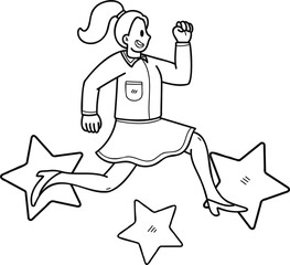 Businesswoman jumping with stars illustration in doodle style
