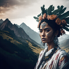 beauty of the Native American woman in a portrait with the majestic mountain. 