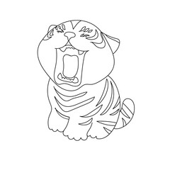 Scout. Tiger. Open mouth. White teeth. Red tongue. Cute. Black pattern. Tiger on white background. sleepy. line drawing