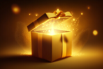 Gold or Yellow open gift box with magical lights made with Generative AI