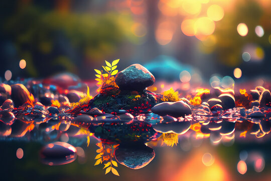 A beautiful nature scene, meditating for master the art of self reflection,  calm, peaceful, vibrant, soften, blur bokeh background.