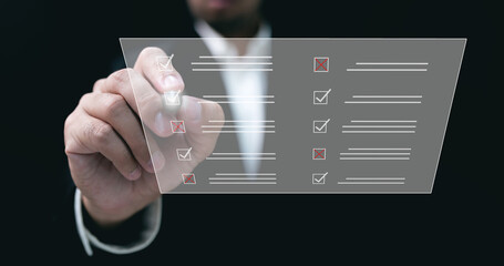 Questionnaire online with checkboxes, Businessman Take an assessment, Evaluation, Online survey online exam Choosing the right answer in the exam, Test questions. Filling out an online survey form.