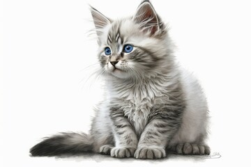 Kitten in blue and white with a white background. Sitting cat. Generative AI
