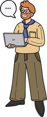 Male businessman standing with laptop presentation illustration in doodle style