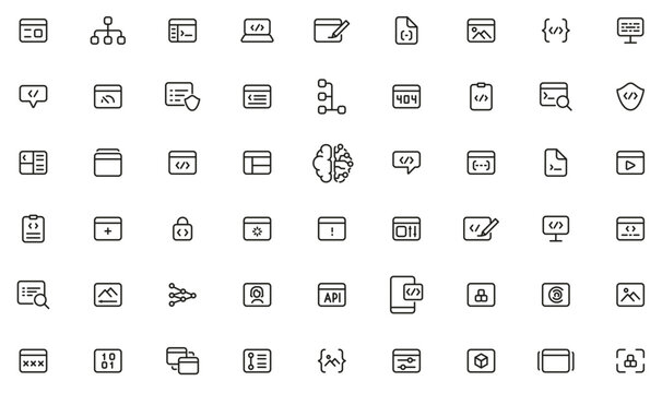 Vector Set of Linear Icons Related to Neural Network, Artificial Intelligence and Modern Technology. Mono Line Pictograms and Infographics Design Elements