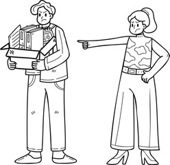 Male office worker fired from office by female boss illustration in doodle style