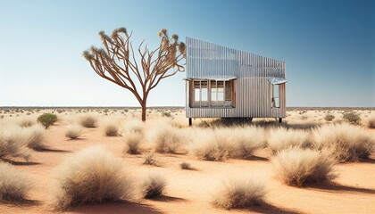 House in the Australian desert, made from corrugated iron, next to a tree