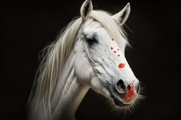 Beautiful white pony with kiss marks made by red lipstick on its face. Horse on valentine's day. Generative AI