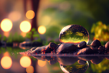 Digital art painting. beautiful landscape with colorful peace calm relax. meditation place. bokeh background.