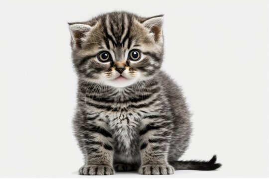 The Scottish kitten is happy and looks at the camera. stand out against a white background. Generative AI