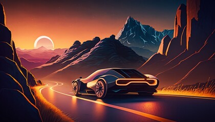 Obraz na płótnie Canvas Sunset Road Trip with Futuristic Car. Generative AI.
