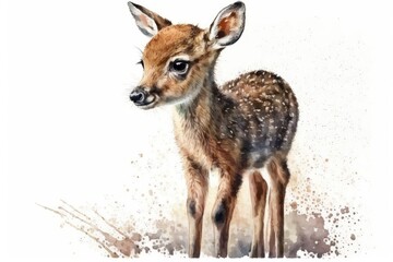 Naklejka na ściany i meble Baby Deer person. Watercolor painting drawn by hand on white background, by itself. Little one, your eyes are big. Christmas, spirit animal, sign of love, grace, peace, humility, and devotion